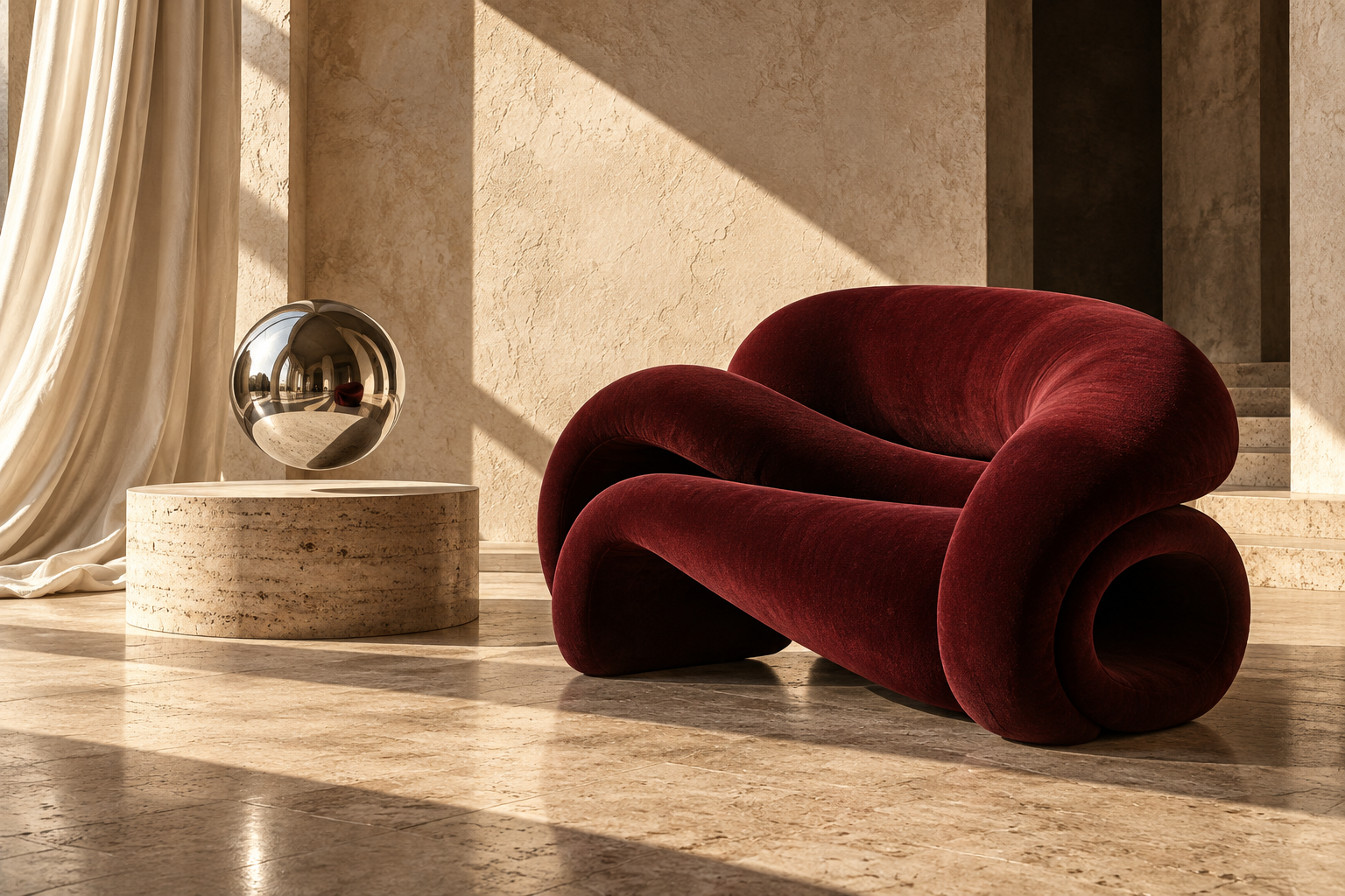 A sculptural oxblood ribbon chair and floating chrome sphere in a sunlit limestone room.